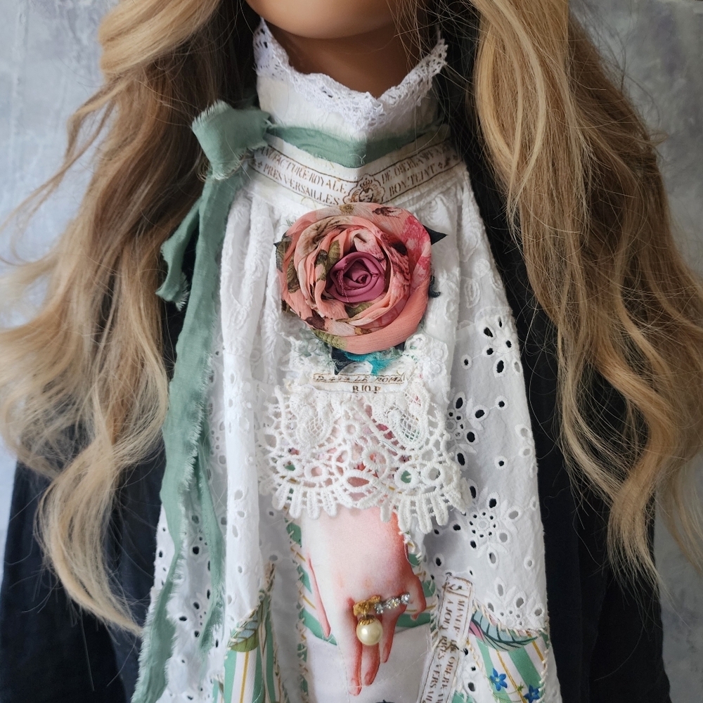 European Cotton Love Lace Jabot Pearl Ring Appliqué Botanical Rose Pin